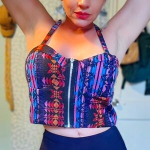 Printed Designs Front Zipper Cross Back Top